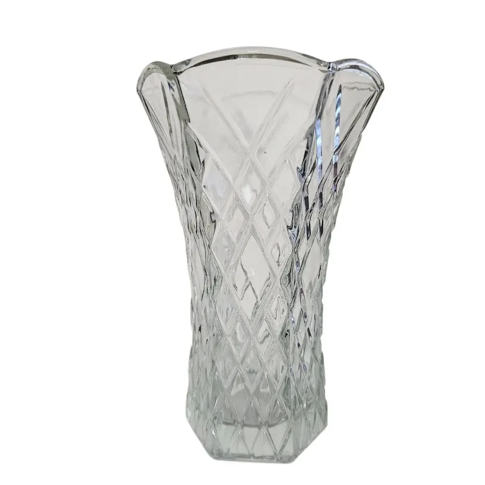 E.O. Brody Clear Diamond Pattern Glass Vase 8.5